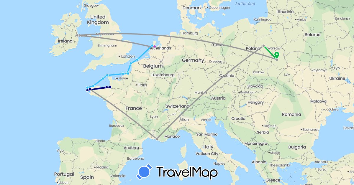 TravelMap itinerary: driving, bus, plane, train, boat in France, Guernsey, Ireland, Netherlands, Poland (Europe)