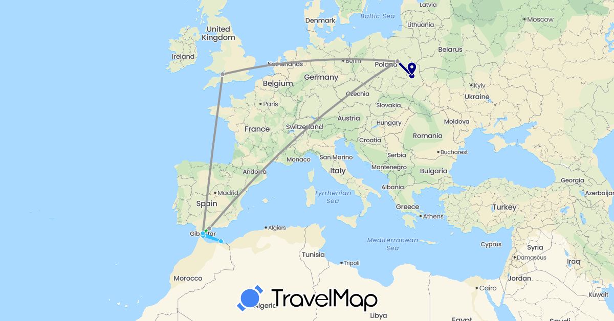 TravelMap itinerary: driving, bus, plane, hiking, boat in Spain, United Kingdom, Gibraltar, Poland (Europe)