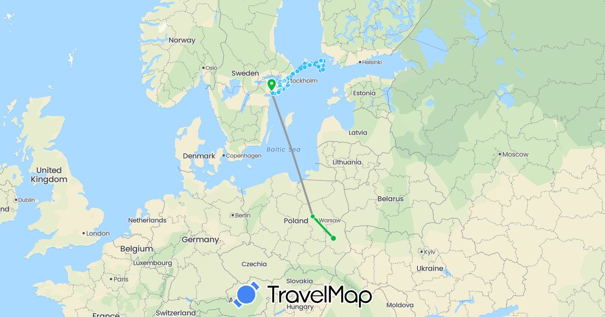 TravelMap itinerary: driving, bus, plane, boat in Finland, Poland, Sweden (Europe)