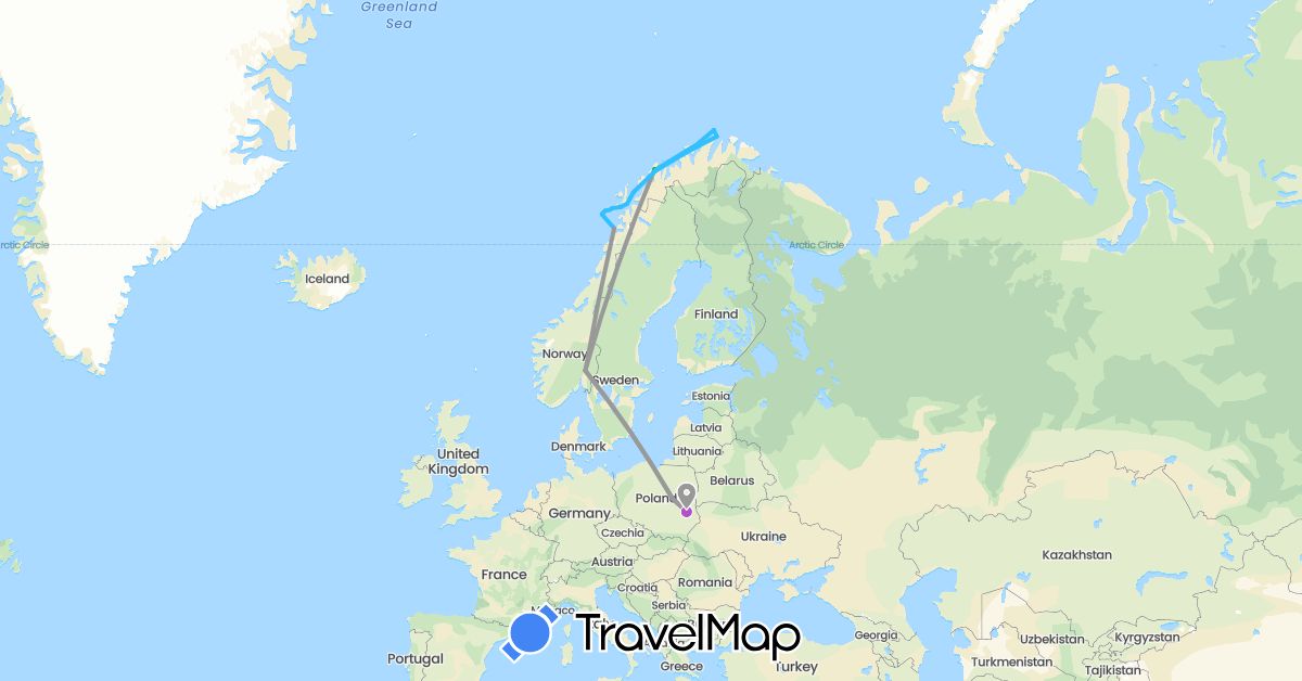 TravelMap itinerary: driving, bus, plane, train, boat in Norway, Poland (Europe)