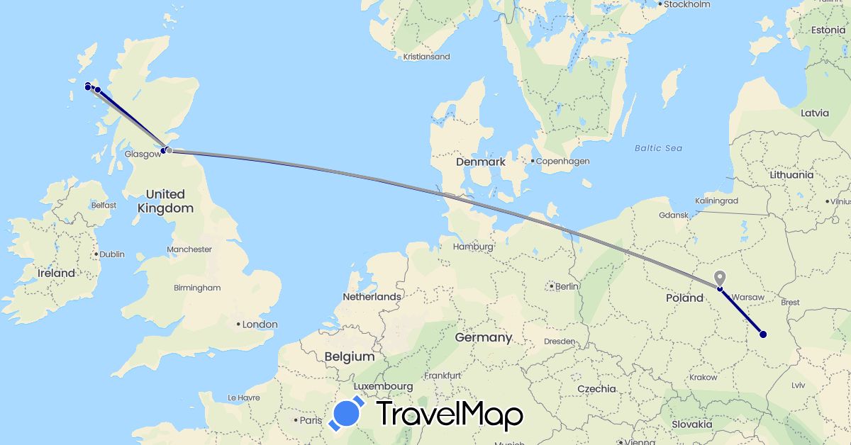 TravelMap itinerary: driving, plane in United Kingdom, Poland (Europe)