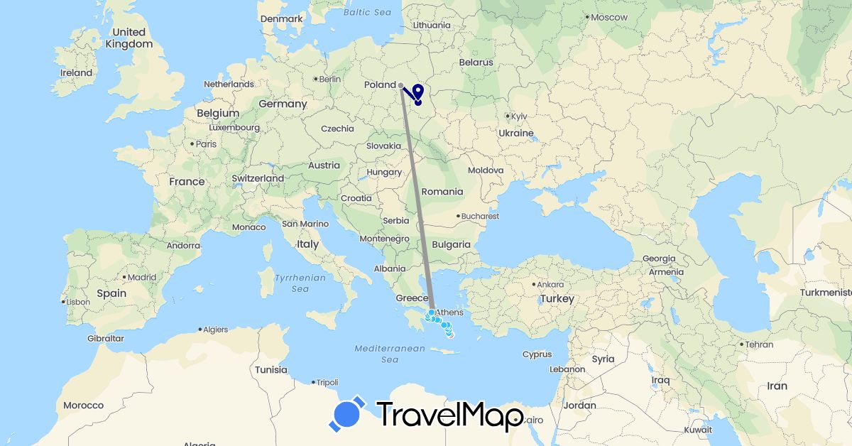 TravelMap itinerary: driving, plane, hiking, boat in Greece, Poland (Europe)